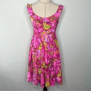 Maggy London Tie Dye Abstract Ruffle Pink 90s style Midi Dress sz 4 Nordstrom